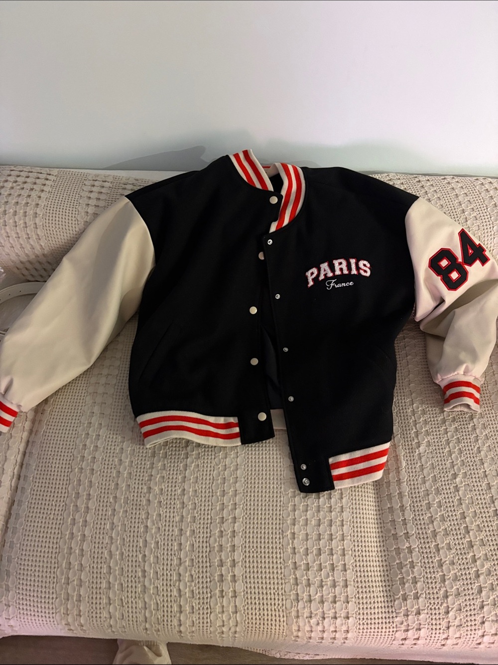 Forever 21 Black and White Varsity Jacket with Red Trim